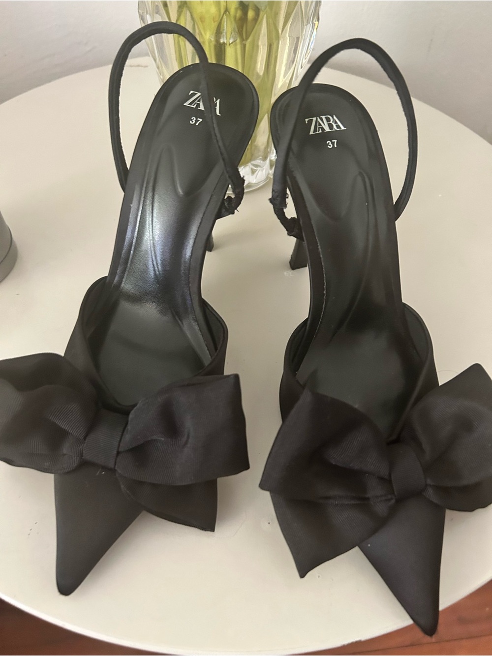 Zara Black Pointed Toe Slingback Heels with Bow Accent